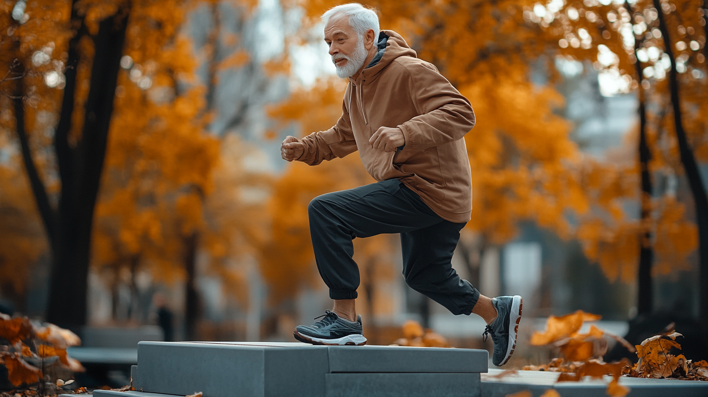 Група людей після 50 займається йогою на свіжому повітрі